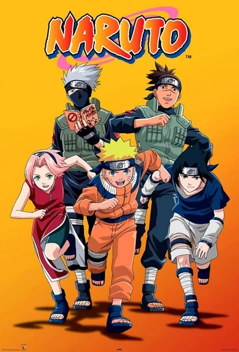 An anime poster for "Naruto" featuring four main characters running forward against a bright orange and yellow background. From left to right, the characters are Sakura Haruno, Kakashi Hatake, Naruto Uzumaki (in the foreground), and Sasuke Uchiha. The show's logo is at the top.