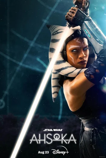 A vertical movie poster for the Disney+ series Star Wars: Ahsoka. The image features a close-up of Rosario Dawson as Ahsoka Tano, a former Jedi Knight. She is looking intensely towards the viewer, with her white and blue lekku (head tails) draped over her shoulder. A bright white lightsaber blade cuts diagonally across the frame in the foreground. The background is dark with faint blue lines suggesting a spatial or technological backdrop. The title "STAR WARS AHSOKA" is visible at the bottom, along with the text "Aug 23" and the "Disney+" logo.