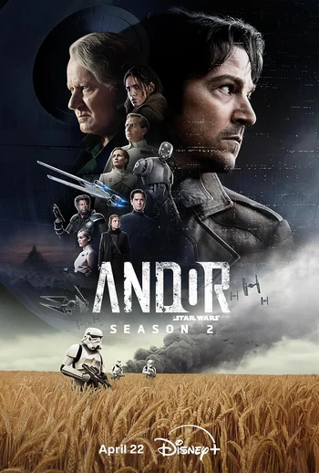 A dramatic movie poster for Andor Season 2 featuring several main characters under a stormy sky above a field of wheat.
