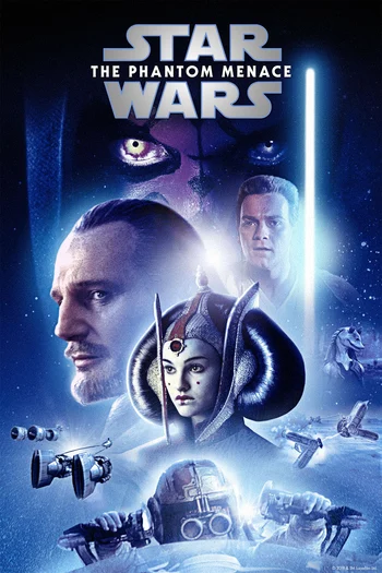 A movie poster for Star Wars: Episode I – The Phantom Menace, featuring several main characters. The title "STAR WARS THE PHANTOM MENACE" is displayed prominently at the top. The image includes: Qui-Gon Jinn (left foreground), a Jedi Master with a beard. Padmé Amidala (center foreground), wearing elaborate headgear. Obi-Wan Kenobi (right middle ground), a younger Jedi apprentice. A large, shadowy face with yellow eyes (background), representing the villainous Darth Sidious or Darth Maul. Various starships are visible in the lower portion of the poster.
