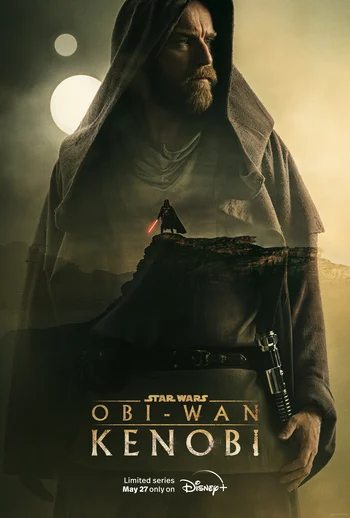 Star Wars: Obi-Wan Kenobi" limited series poster, featuring Ewan McGregor as Obi-Wan Kenobi in a desert setting with a small figure of Darth Vader in the distance.