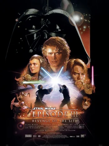 "Movie poster for Star Wars: Episode III – Revenge of the Sith, featuring main characters and the silhouette of Darth Vader". The image is a vertical movie poster for the film Star Wars: Episode III – Revenge of the Sith, released in 2005.