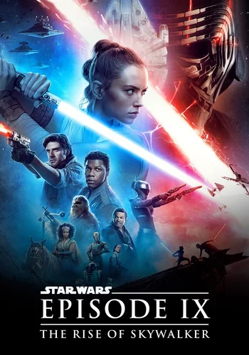 The image is a vertical movie poster with several characters and elements from the film. The central figure is Rey, holding a blue lightsaber that extends diagonally across the poster. To her left, Finn and Poe Dameron are visible, with Finn holding a blaster. Below them are other characters including Chewbacca and Lando Calrissian. In the upper right background, the masked face of Kylo Ren is prominent in red light. Various spaceships, including Star Destroyers and X-wings, are shown in the background amidst red and blue light beams. The title "STAR WARS EPISODE IX THE RISE OF SKYWALKER" is displayed at the bottom of the poster.