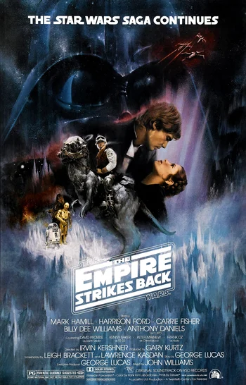 The image is the original "Style A" theatrical poster for the 1980 film The Empire Strikes Back, with art by Roger Kastel. Central Figures: The poster depicts Luke Skywalker and Princess Leia in a romantic embrace, while Han Solo is visible riding a tauntaun in the background. Background: A large, imposing image of Darth Vader's helmet dominates the upper portion of the poster. Other Characters: C-3PO and R2-D2 are visible near the bottom left. Title and Credits: The film's title, "The Empire Strikes Back," is displayed prominently in the center, with the full cast and crew credits listed at the bottom, including Mark Hamill, Harrison Ford, Carrie Fisher, Billy Dee Williams, and director Irvin Kershner.