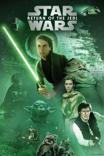 Title and Film: The poster is for the 1977 film Star Wars, later subtitled Episode IV - A New Hope. The title "STAR WARS" is prominently displayed at the bottom. Main Characters: Luke Skywalker and Princess Leia are featured in the foreground. Luke holds an upward-pointing lightsaber that extends into a beam of light. Background and Elements: A large silhouette of Darth Vader's helmet is visible in the background. Other elements include the Death Star, X-wing fighters, C-3PO, and R2-D2.