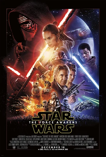 Description: The official movie poster for Star Wars: The Force Awakens. Characters: It features a collage of main characters, including Kylo Ren with his red lightsaber, Rey holding a lightsaber, Finn holding a blaster, Han Solo, Chewbacca, the droids BB-8, C-3PO, and R2-D2, and a First Order Stormtrooper. Background: Various spaceships, including the Millennium Falcon and X-wings, are visible in the background against a backdrop of space and a large planet or moon. Text: The movie title "STAR WARS THE FORCE AWAKENS" is prominently displayed, along with the release date "DECEMBER 18 IN 3D, REALD 3D AND IMAX 3D" at the bottom.