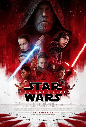 A movie poster for Star Wars: The Last Jedi, featuring multiple characters in a red and black color scheme. The poster is dominated by a red and black color palette. At the top center, the face of an older Luke Skywalker is visible within a dark hooded robe. Below him, several main characters are depicted, including Rey, Finn, Poe Dameron, Kylo Ren, Leia Organa, and others. The title "STAR WARS THE LAST JEDI" is prominently displayed near the bottom of the poster. Below the title, smaller text indicates the release date and formats: "DECEMBER 15 IN REALD 3D AND IMAX 3D".