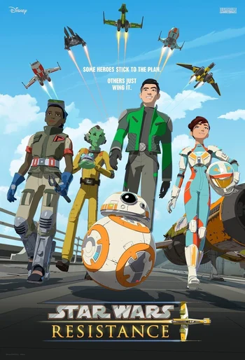 A promotional poster for the animated series Star Wars Resistance, showing the main characters Kazuda Xiono and BB-8 along with several starfighters.