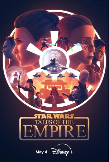 "Star Wars: Tales of the Empire" promotional poster featuring key characters from the animated anthology series. The poster uses a circular design to frame several characters from the show. Prominently featured are the two main protagonists, Morgan Elsbeth and Barriss Offee, shown in different stages of their lives and affiliations. Other characters visible include Darth Vader, Grand Admiral Thrawn, the Fourth Sister, and General Grievous. The title "STAR WARS TALES OF THE EMPIRE" is displayed at the bottom, along with the release date "May 4" and the Disney+ logo.