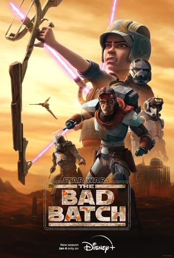 A promotional poster for Star Wars: The Bad Batch Season 2, featuring the main characters. Details: The image shows several animated characters in armor against an orange and brown, rugged landscape. In the foreground, the character Hunter is central, holding a blaster rifle. To the right and slightly behind him is Wrecker, a larger character. Above them, the character Omega is visible, aiming a bow-like energy weapon with pink energy bolts extending from it. Other characters, including Echo and Tech, are partially visible in the background, along with a small starship in the sky. Text at the bottom reads "STAR WARS THE BAD BATCH" and "New season Jan 4 only on Disney+".