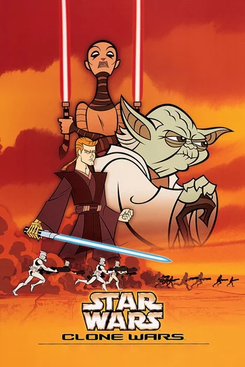 A promotional poster for the 2003 animated micro-series Star Wars: Clone Wars. The image has a warm, orange and red background. Prominently featured in the foreground are several main characters: Anakin Skywalker and Mace Windu are in the center, wielding blue and purple lightsabers, respectively. Yoda is on the right side. Asajj Ventress (a bald female character with two red lightsabers) is at the top center. Several clone troopers are running in the lower portion of the image, with more clone troopers in the distant background. The title "STAR WARS CLONE WARS" is displayed in large yellow text at the bottom of the poster.