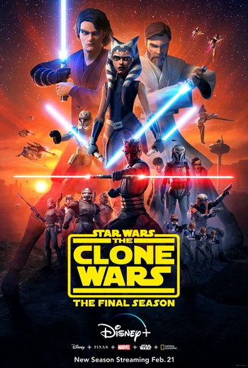 A promotional poster for the final season of Star Wars: The Clone Wars on Disney+, featuring characters including Ahsoka Tano, Anakin Skywalker, Obi-Wan Kenobi, Darth Maul, and various Clone Troopers. Text on the image reads: "STAR WARS THE CLONE WARS THE FINAL SEASON Disney+ New Season Streaming Feb. 21."