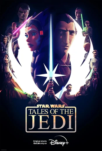 A movie poster for the animated anthology series Star Wars: Tales of the Jedi, featuring various characters from the prequel era. Prominently featured in the center are Ahsoka Tano and Count Dooku, with a glowing blue lightsaber hilt between them. Other characters like Anakin Skywalker, Mace Windu, Obi-Wan Kenobi, and Yoda are visible in the background. The title "STAR WARS: TALES OF THE JEDI" is at the bottom, along with the text "Original shorts Oct 26 only on Disney+".