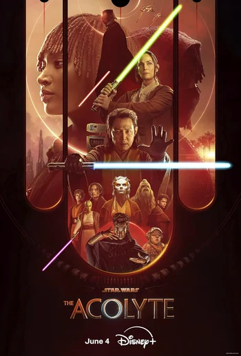 A movie poster for the Disney+ series Star Wars: The Acolyte. The image features a central arrangement of characters, including a prominent figure in the foreground (Master Sol) and a large, partial face of a woman (Osha Aniseya) filling the left side. Several other characters are visible in smaller inset images below the main figures. Two lightsabers, one green and one red, cross diagonally through the center of the poster. Text at the bottom reads "STAR WARS THE ACOLYTE" and "June 4 Disney+".