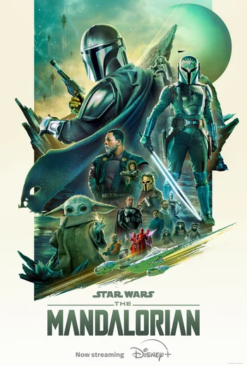 A promotional poster for The Mandalorian Season 3, featuring the Mandalorian (Din Djarin) and Grogu (Baby Yoda) prominently in the foreground. The Mandalorian stands on the right with a Darksaber, while Grogu is on the lower left. Various other characters from the series, including Bo-Katan Kryze, Greef Karga, and Moff Gideon, are visible in the background. The top of the image shows a blue and green color palette, with the Star Wars logo and the title "THE MANDALORIAN" at the bottom. The text "Now streaming on Disney+" is also present.