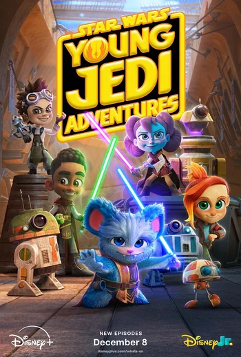 A promotional poster for the animated series Star Wars: Young Jedi Adventures. The image features several main characters: Characters: From left to right, the younglings Kai Brightstar and Lys Solay, the pilot Nash Durango, the blue Pooba Nubs, and the droid RJ-83. Background: They are standing in an outdoor, possibly temple or market, setting in a galaxy far, far away. Text: The title "STAR WARS YOUNG JEDI ADVENTURES" is prominently displayed at the top in a yellow logo with red letters. Text at the bottom indicates "NEW EPISODES December 8" and "disneyplus.com/whats-on".
