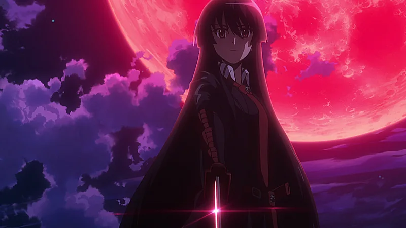 Akame from Akame ga Kill! standing with her sword Murasame in front of a giant red moon.
