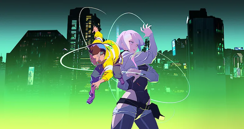 The image is a stylized, vibrant promotional poster for the Netflix anime series Cyberpunk: Edgerunners. In the center, two main characters, David Martinez and Lucy, are positioned back-to-back against a neon-soaked, futuristic Night City skyline. 