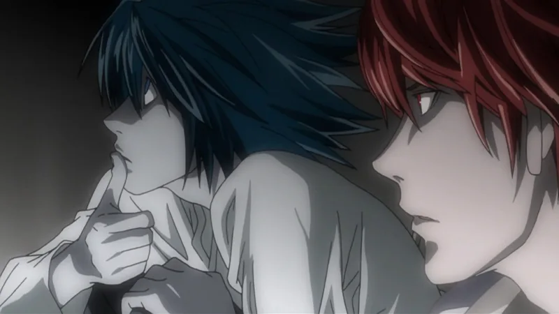 This image features the characters L Lawliet and Light Yagami from the anime series Death Note. 