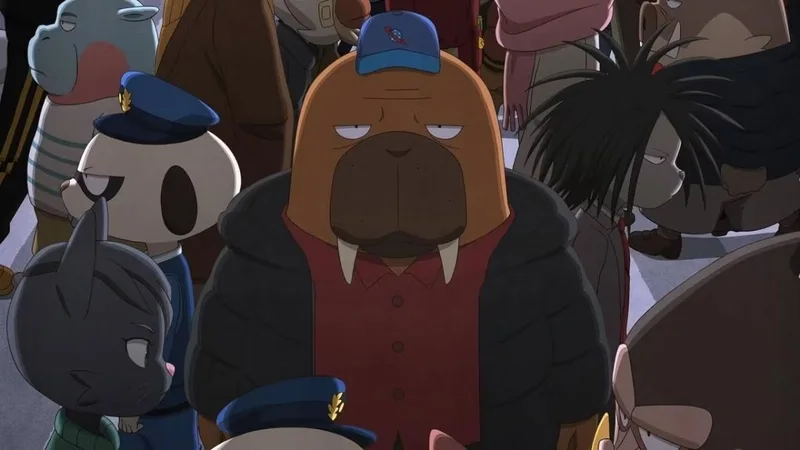 A group of anthropomorphic animal characters from the anime Odd Taxi stand together in a dense crowd. In the center, Hiroshi Odokawa, a large brown walrus with a flat expression, wears a blue cap, a red shirt, and a black puffer jacket. To his left is a small white dog in a blue police uniform, and to his right is a character with long, spiky black hair. Several other animals, including a blue hippo and a monkey, are visible in the background and foreground.