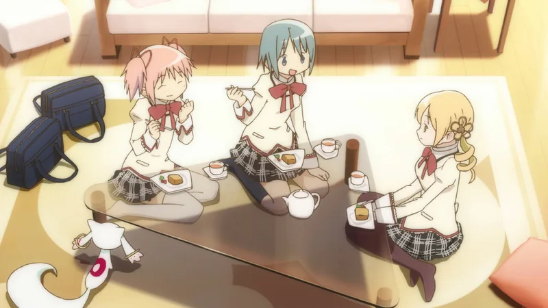 An anime-style illustration from Puella Magi Madoka Magica depicts three schoolgirls—Madoka Kaname, Sayaka Miki, and Mami Tomoe—enjoying tea and cake at a triangular glass coffee table. The characters are dressed in their school uniforms, featuring cream-colored jackets with red bows.