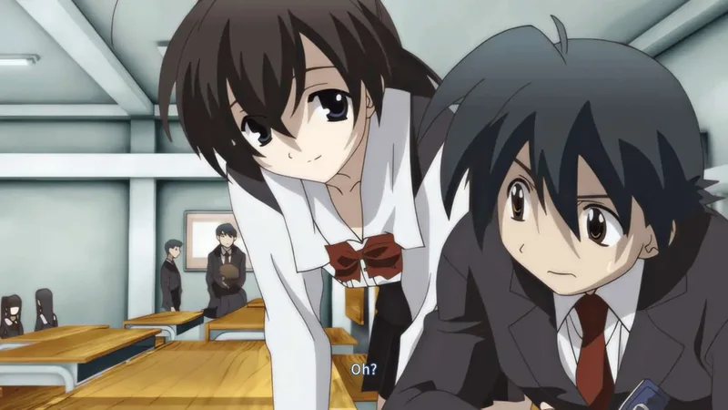 The provided image shows a scene from the School Days franchise, specifically featuring the characters Sekai Saionji and Makoto Itou in a classroom setting.