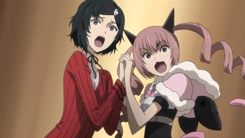 An anime scene from Steins;Gate 0 featuring two characters, Luka (Ruka) Urushibara on the left and Faris NyanNyan on the right, both looking shocked and holding hands. Luka has short black hair with a skull hairclip and wears a red cardigan, while Faris has pink hair in twintails with cat ears and is wearing her maid café uniform.