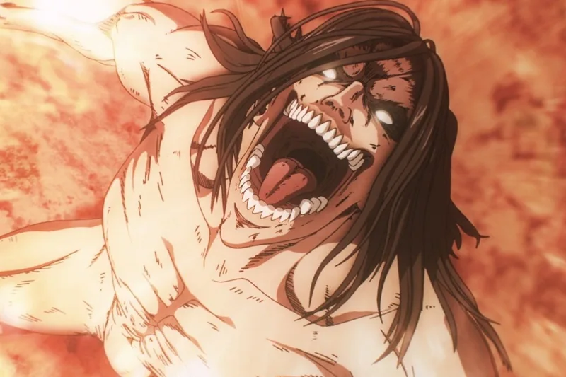 This image depicts Eren Yeager in his Attack Titan form from the anime series Attack on Titan (Shingeki no Kyojin). Specifically, this scene is from Season 4, also known as the Final Season. In this season, the Attack Titan features a more defined, muscular build and longer hair compared to earlier appearances. The Attack Titan is unique among the Nine Titans for its ability to see memories of future inheritors. 
