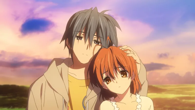Anime illustration of Tomoya Okazaki and Nagisa Furukawa from 'Clannad After Story' sharing a tender moment against a sunset sky. Tomoya leans his head against Nagisa's while resting his hand gently on her head.