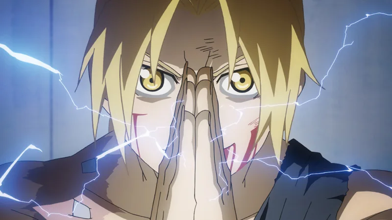 Edward Elric from Fullmetal Alchemist: Brotherhood claps his hands together to perform alchemy, with blue sparks of energy crackling around him