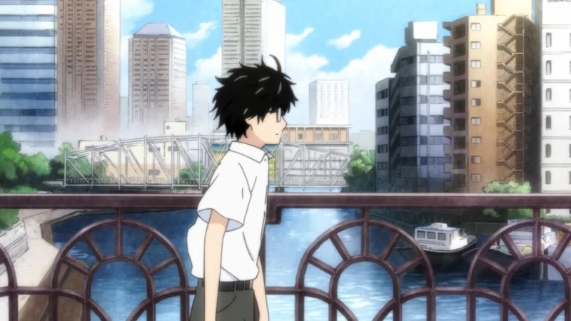 Rei Kiriyama, a black-haired boy with glasses, walks across a bridge in Tokyo under a blue sky, from the anime 'March Comes in Like a Lion.