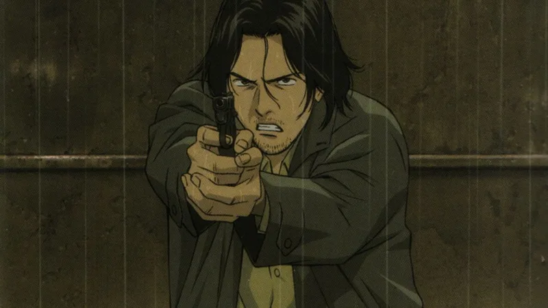 An anime-style man with shoulder-length dark hair and a determined, sweating face aims a handgun directly at the viewer. He wears a dark grey coat over a light-colored shirt, standing against a dark, industrial background as rain falls vertically across the scene.