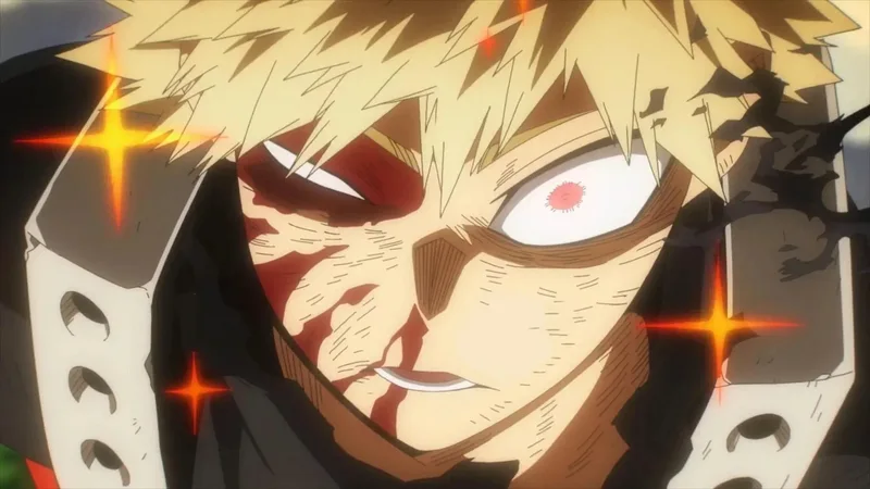 A close-up of Katsuki Bakugo from My Hero Academia, showing him bloodied and determined during the final battle