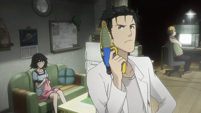 A man with messy black hair and a small goatee, Rintaro Okabe, is shown in a medium shot. He wears a white lab coat over a plain white t-shirt and has a serious, determined expression while holding a colorful, toy-like ray gun near his shoulder.