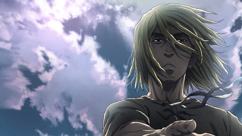 This image features the character Thorfinn from the Japanese historical manga and anime series Vinland Saga. 