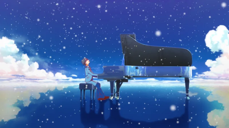 An anime-style digital illustration of a young man, Kōsei Arima from Your Lie in April, sitting at a black grand piano. He is wearing a grey school uniform and is tilted back, looking up toward the sky with a serene expression. The piano is set on a mirrored, reflective surface that resembles water, reflecting the sky and the piano itself. The background features a deep blue starry night sky filled with falling snow or glowing white orbs, with soft, white clouds along the horizon. The overall mood is dreamlike, melancholy, and ethereal.