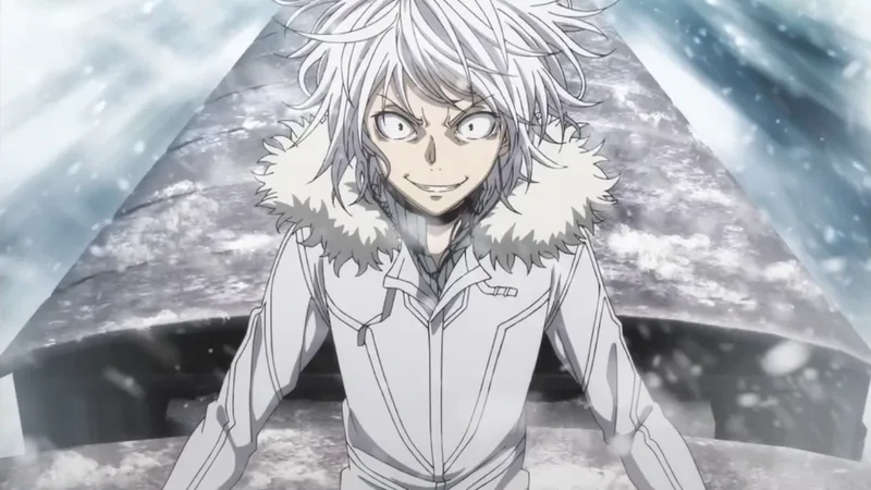 An anime character named Accelerator, with white hair and red eyes, wears a white fur-trimmed jacket and grins maniacally in a snowy setting.
