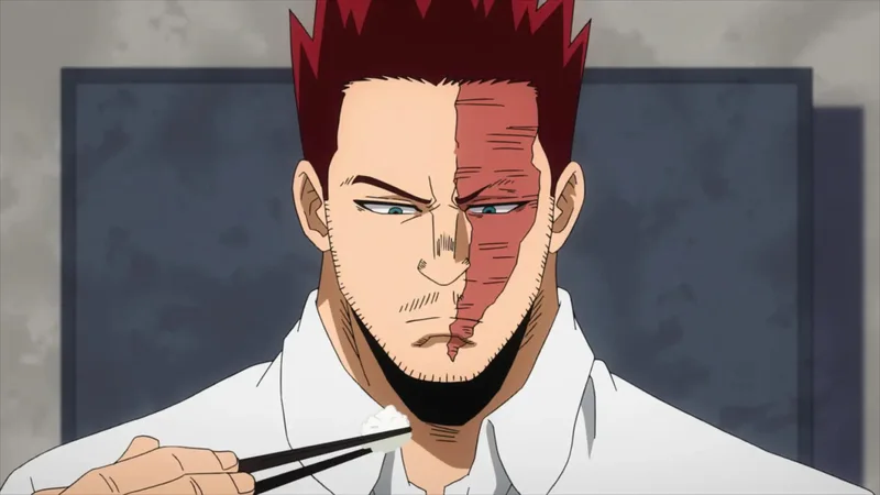 An anime character, Endeavor from My Hero Academia, with spiky red hair and a large scar on the left side of his face, eating a small portion of rice with chopsticks.