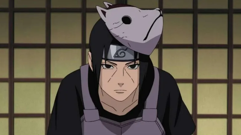 Itachi Uchiha from the anime Naruto, wearing a black outfit and a grey flak jacket, with a white and purple ANBU mask pushed up onto his forehead. He has his village headband on and is looking directly at the viewer with a neutral expression.