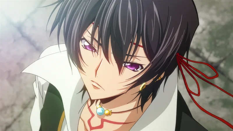 The image features an anime character with short, spiky black hair and intense purple eyes, looking slightly upwards. He is wearing a white collared shirt with a high, pointed collar, a dark vest, and a necklace with a light blue gem. There are red ribbon-like markings or accessories visible near his collar and on the left side of his head. The background is blurred and light, possibly stone or an outdoor setting.