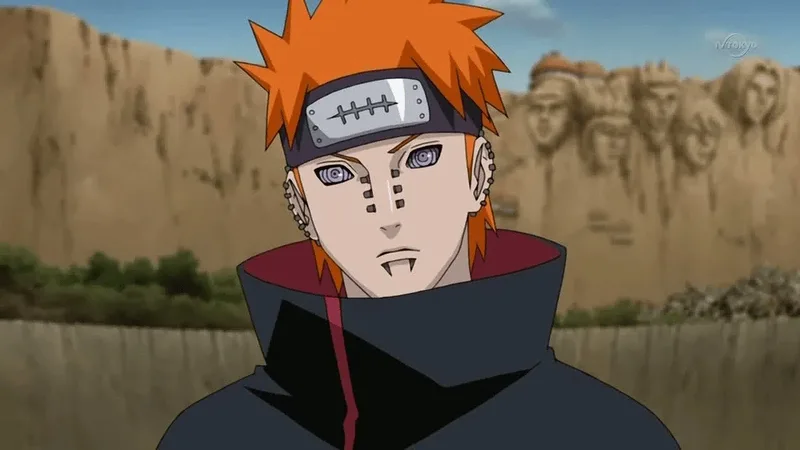 The character in the image is Pain, also known as Nagato Uzumaki, from the anime series Naruto. He is a significant antagonist and the leader of the Akatsuki organization. 