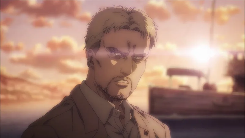 A close-up shot of the anime character Reiner Braun from Attack on Titan. He has short blonde hair and a beard, and is wearing a military uniform. He is looking intensely towards the viewer, with a serious expression. The background is a blurred sunset or sunrise over water, with a boat visible on the right. 