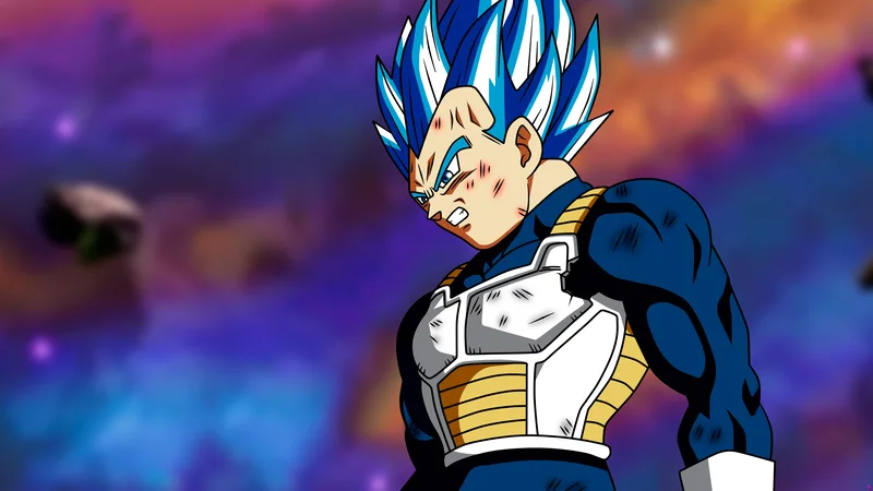 Vegeta in his Super Saiyan Blue form from Dragon Ball Super, with a determined expression and battle damage on his face.