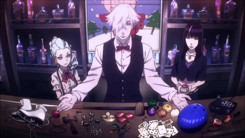 This image is from the anime series Death Parade, featuring characters Decim and Nona in their bar, Quindecim.