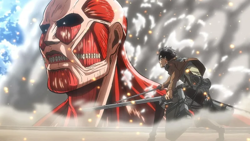 A character with dark hair and swords uses omni-directional mobility gear to fight the giant, skinless Colossal Titan amidst smoke and debris in a scene from the anime Attack on Titan. 