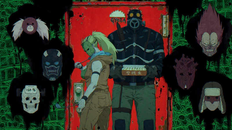 An illustration featuring characters from the anime series Dorohedoro standing in front of a red door with 'GYOZA' written above it.