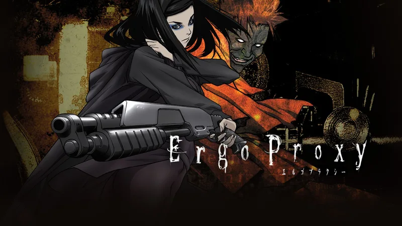 An illustration for the anime series Ergo Proxy. The image features a pale-skinned female character with dark hair, Re-l Mayer, in the foreground, holding a large weapon, with a male character, Vincent Law, with reddish hair and a green-skinned face partially visible in the background. The title text "Ergo Proxy" is prominently displayed in the lower right corner. 