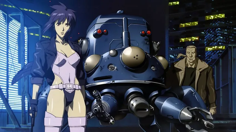 scene from the anime series Ghost in the Shell: Stand Alone Complex. It features Major Motoko Kusanagi standing next to a blue, multi-legged Tachikoma robot, with Batou standing behind them in a futuristic, urban environment. 