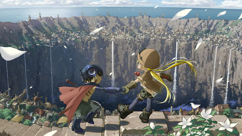 An illustration from the anime Made in Abyss showing the characters Riko and Reg standing at the edge of the massive, circular chasm known as the Abyss, overlooking the town of Orth. 