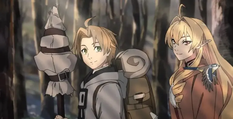 A light-haired young man with green eyes, carrying a large staff and backpack, stands next to a blonde-haired female elf with red eyes and a small bird perched on her shoulder, in a forest setting. The characters are from the anime Mushoku Tensei: Jobless Reincarnation. 